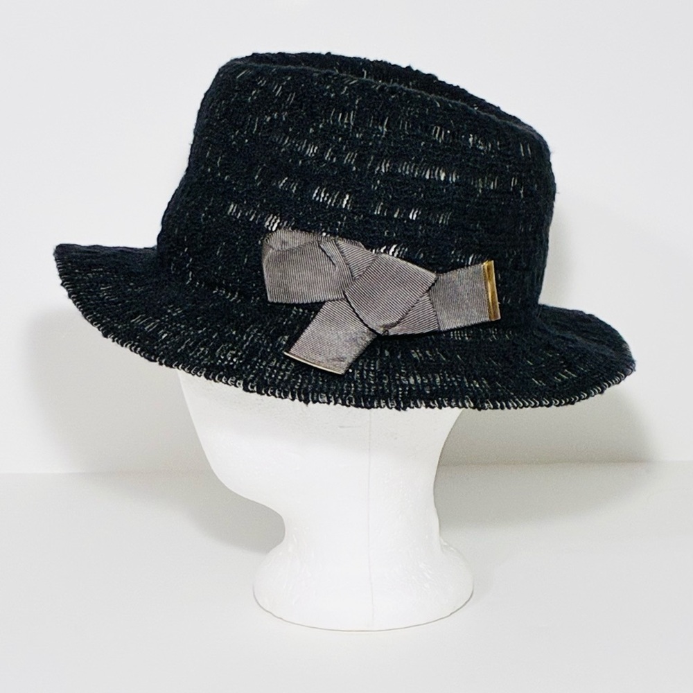 Y2K BCBGeneration Black Open Weave Fedora Hat w/ Gray Grosgrain Ribbon Bow OS
